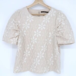 Anthropologie Azel Hazel Cream Floral Daisy Jacquard Puff Sleeve Blouse Size M